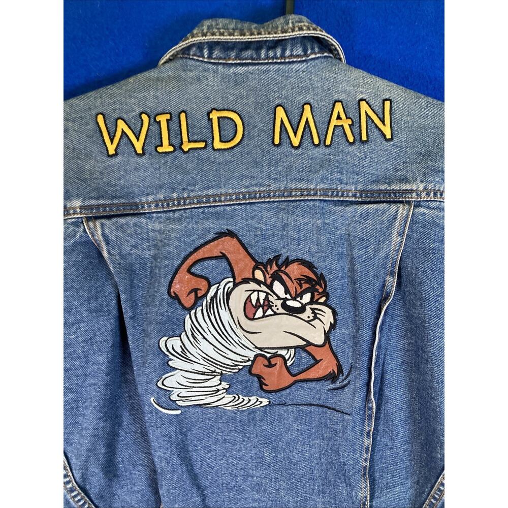 Vintage 90s Warner Bros Taz Looney Tunes Embroidered Denim Jacket Womens Small - Picture 7 of 16